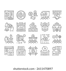 Ico Initial Coin Offer Collection Icons Set Vector. Ico Platform And Successful Start, Presentation And Investing, Development And Cryptocurrency Black Contour Illustrations