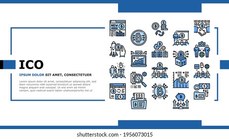 Ico Initial Coin Offer Landing Web Page Header Banner Template Vector. Ico Platform And Successful Start, Presentation And Investing, Development And Cryptocurrency Illustration