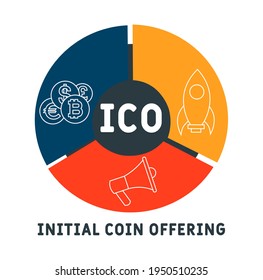 ICO - Acrónimo de oferta de moneda inicial. fondo de concepto de negocio.  concepto de ilustración vectorial con palabras clave e iconos. ilustración con iconos para banner web, volante, página de inicio