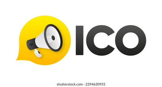 Banner de la oferta inicial de moneda ICO. Concepto de oferta inicial de moneda. ICO como burbuja financiera y estafa. Inversión financiera, criptodivisa, blockchain, moneda y activos digitales. Ilustración vectorial.