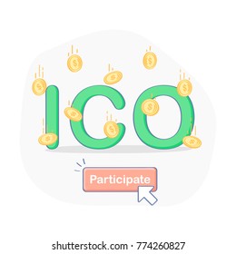 ICO Initial Coin Offering campaign green letters with falling gold coins. New technology, blockchain startup, crowdfunding template. Flat outline business line vector illustration.