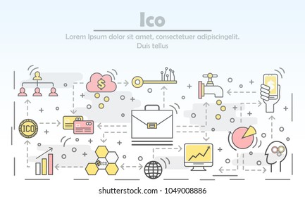ICO initial coin offering concept vector illustration. Modern thin line art flat style design element for web banners and printed materials.