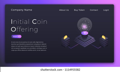 ICO. Initial Coin Offering isometric illustration. ICO investment landing page design