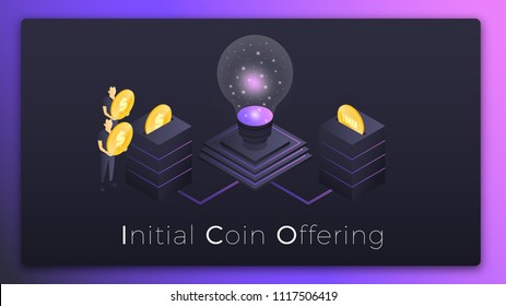 ICO. Initial Coin Offering Isometric Illustration. People Investing Money In Startup ICO Tokens