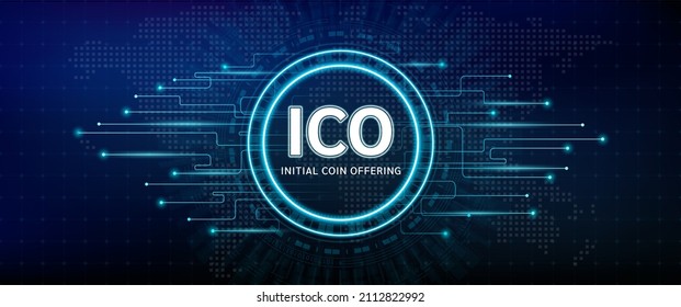 Oferta inicial de moneda ICO. En una cadena de bloqueo digital de la interfaz de usuario electrónica. Fondo futurista con mapa del mundo. Negocio, Tecnología, Internet y concepto de red. EPS10 vectores.