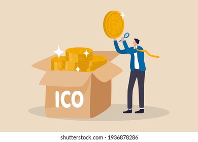 ICO, Initial Coin Offering process to create new crypto currency token to trade in market concept, businessman investor or coin creator picking new cryptocurrency coin and look into details.