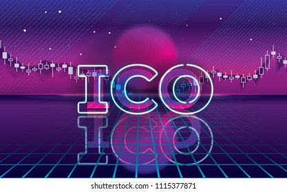 ICO - Initial Coin Offering. ICO retro wave vector illustration. Initial Coin Offering neon concept.