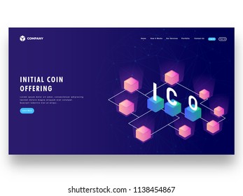 ICO (Initial Coin Offering) server or blocks connected with each other for crypto mining or virtual currency concept based landing page design.