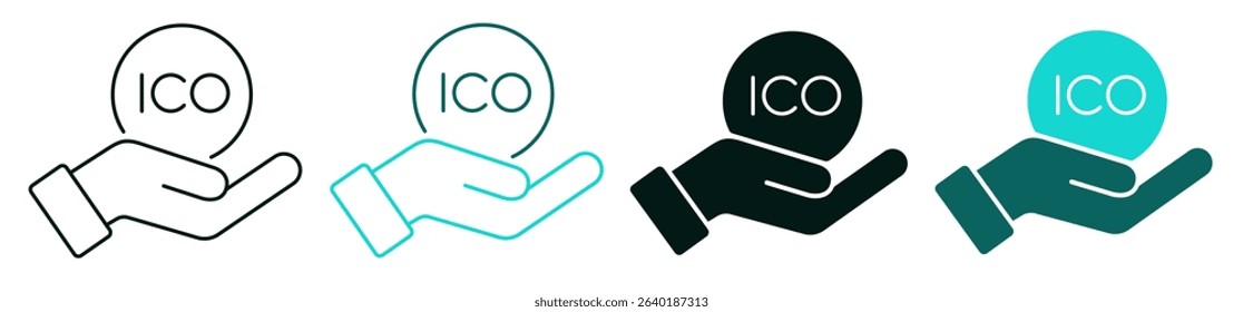 ICO (Initial Coin Offering) symbol. Hand holding a coin icon set. Blockchain, cryptocurrency, business or investment concept. Color or black logo for web, ui, or mobile app. Editable vector stroke.