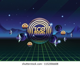 ICO - Initial Coin Offering. ICO token concept. ICO in 80s style. Gold token on 3D virtual graphical user interface. Cryptocurrency coins flying in digital landscape.