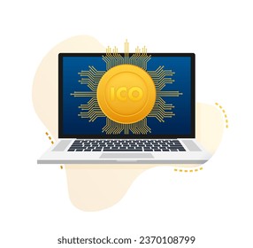 ICO, initial coin offering. ICO Token production process. Vector stock illustration