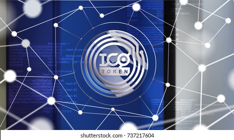 ICO - Oferta inicial de moedas. Conceito de token ICO. Botão com ícone de token ICO em uma interface gráfica de usuário virtual. Grande ilustração para notícias, apresentação, mídia social, blog