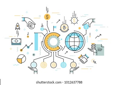 ICO or initial coin offering word surrounded by bitcoin cryptocurrency, money bills, fiat currencies. Colorful infographic banner with elements in thin line style. Vector illustration for advertising.