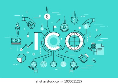 ICO or initial coin offering word surrounded by bitcoin cryptocurrency, money bills, fiat currencies. Colorful infographic banner with elements in thin line style. Vector illustration for advertising.