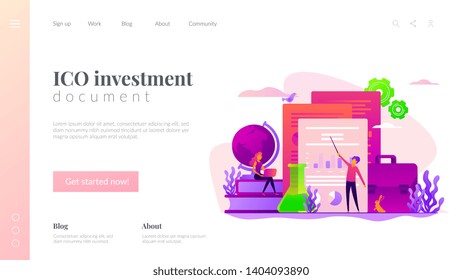 ICO investment document, startup business strategy, product development plan and white paper concept. Website interface UI template. Landing web page with infographic concept creative hero header