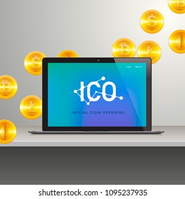 ICO, Laptop with abstract ICO interface on screen. Initial coin offering concept, vector illustration.