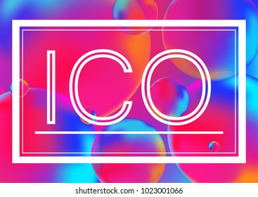 ICO letters concept vector illustration on Neon color balls background with white frame. Abstract colorful 3D.