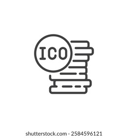 ICO line icon. linear style sign for mobile concept and web design. A coin stack with ICO outline vector icon. Initial coin offering symbol, logo illustration. Vector graphics