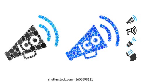 ICO news megaphone composition of circle elements in variable sizes and color tinges, based on ICO news megaphone icon. Vector circle elements are composed into blue collage.