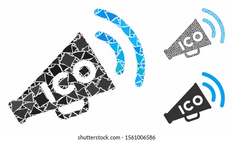 ICO news megaphone composition of tuberous parts in various sizes and color hues, based on ICO news megaphone icon. Vector tuberous parts are grouped into composition.