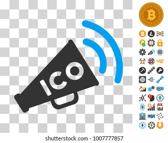 Ico News Megaphone icon with bonus bitcoin mining and blockchain clip art. Vector illustration style is flat iconic symbols. Designed for bitcoin ui toolbars.