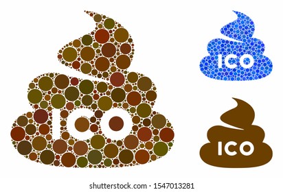 ICO shit composition of filled circles in various sizes and color hues, based on ICO shit icon. Vector random circles are grouped into blue composition.