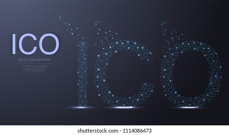 Ico Sign Over Futuristic Low Poly Mesh Wireframe On Blue Background Initial Coin Offering Concept Vector Illustration