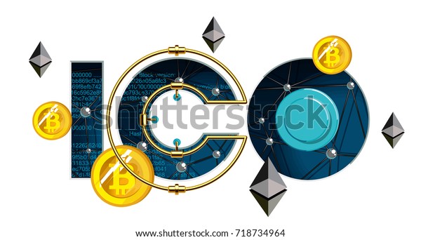 ICO Start. ICO Blockchain technology, ICO\
vector illustration isolated on white. Initial coin offering. Coin\
offers. IT startup crowdfunding.\
