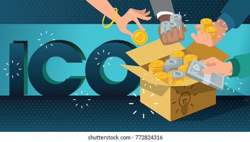 ICO start. ICO idea. Blockchain ICO vector illustration. Initial coin offering. IT startup crowdfunding. Hands with bitcoin and ethereum. Cardboard box with cash. Cardboard box with ICO tokens