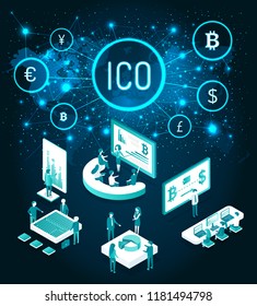 Ico start up and meeting of workers set vector. Map and global connection of countries, dollar and euro pound sterling. Screens and charts on board