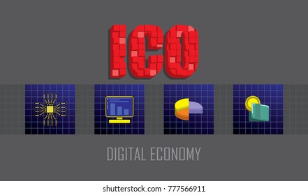 ICO text emblem with 3d mosaic effect. Icons of micro chip, computer, pie chart and wallet. Marketing and Digital economy investment concept. Vector illustration