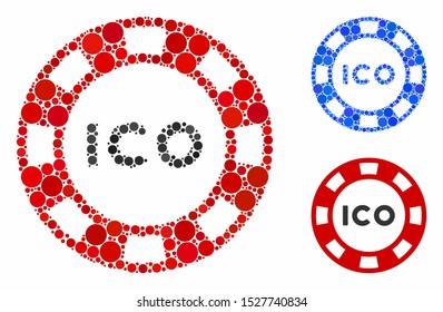 ICO token composition of circle elements in various sizes and shades, based on ICO token icon. Vector circle elements are organized into blue collage. Dotted ICO token icon in usual and blue versions.
