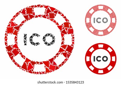 ICO token composition of inequal items in different sizes and color hues, based on ICO token icon. Vector raggy items are grouped into illustration. ICO token icons collage with dotted pattern.