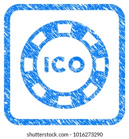 Ico Token scratched textured icon inside rounded rectangle for overlay watermark imitations. Flat symbol with dirty texture. Framed vector blue rubber seal stamp with grunge design of ico token.