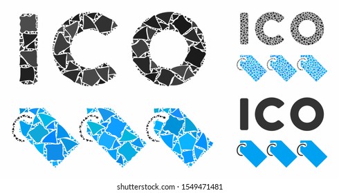 ICO tokens mosaic of irregular parts in various sizes and color tones, based on ICO tokens icon. Vector irregular dots are organized into mosaic. ICO tokens icons collage with dotted pattern.