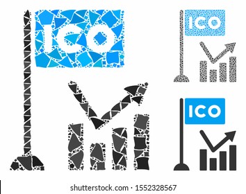 ICO trend chart composition of joggly items in variable sizes and color tinges, based on ICO trend chart icon. Vector trembly items are composed into composition.