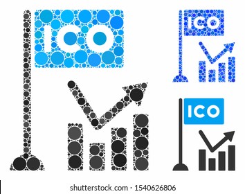 ICO trend chart mosaic of circle elements in variable sizes and color tinges, based on ICO trend chart icon. Vector circle elements are composed into blue mosaic.