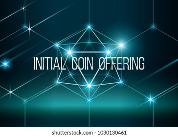 ICO vector illustration with glowing background. Initial coin offering in 3D hexahedron with glow. Futuristic and mystery vector illustration. IT startup crowdfunding. 
