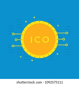 ICO Vector Illustration. Initial Coin Offering. Gold Coin Isolated on Blue Background. Cryptocurrency Business Concept 