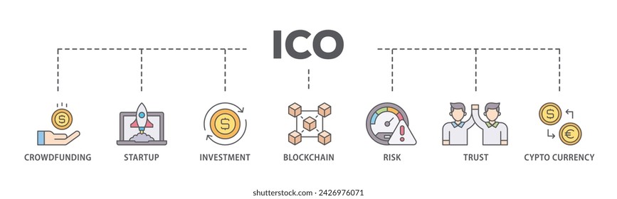 ICO web banner icon vector illustration concept consists of crowdfunding, startup, investment, blockchain, risk, trust and cypto currency icon live stroke and easy to edit