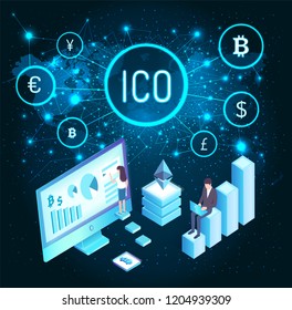 Ico and woman with whiteboard and charts presenting info vector. Businessman with laptop, world map with connected countries network. Currency set