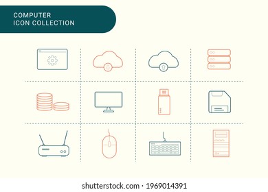 [ icon ] 12 set collection computer icon. there database, server, destop, mouse, and more. [ icon outline ]