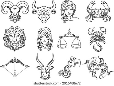 Icon 12 zodiac signs with color black stroke.