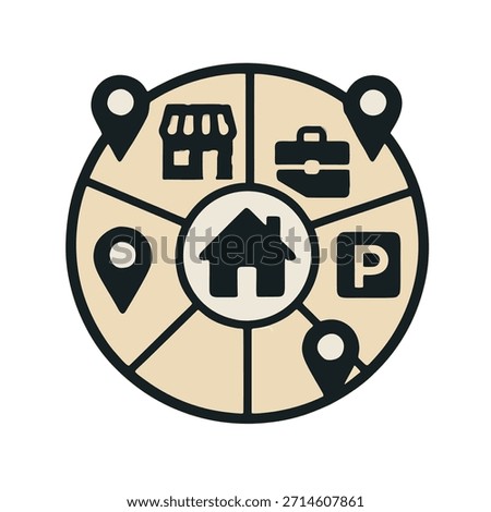 Icon "15-Minute City Concept" - A circular map with a house in the center, and all facilities (shop, work, park) within a 15-minute travel radius.