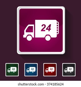 Icon of 24 Hour Delivery Van on Multicolored Squares. Eps-10.