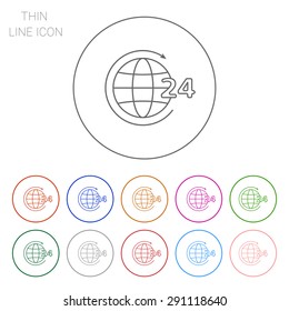 Icon of 24-hour worldwide service concept, Earth globe with circle arrow and 24-hour sign