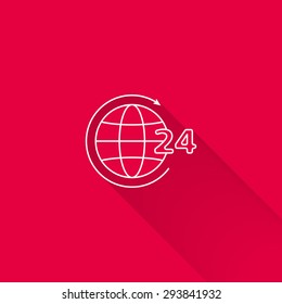 Icon of 24-hour worldwide service concept, Earth globe with circle arrow and 24-hour sign