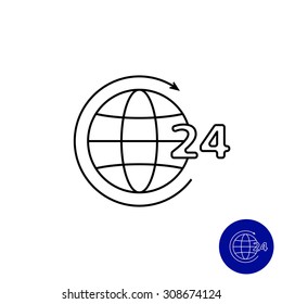 Icon of 24-hour worldwide service concept, Earth globe with circle arrow and 24-hour sign