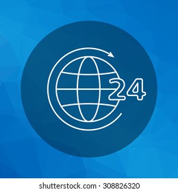 Icon of 24-hour worldwide service concept, Earth globe with circle arrow and 24-hour sign