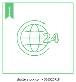 Icon of 24-hour worldwide service concept, Earth globe with circle arrow and 24-hour sign